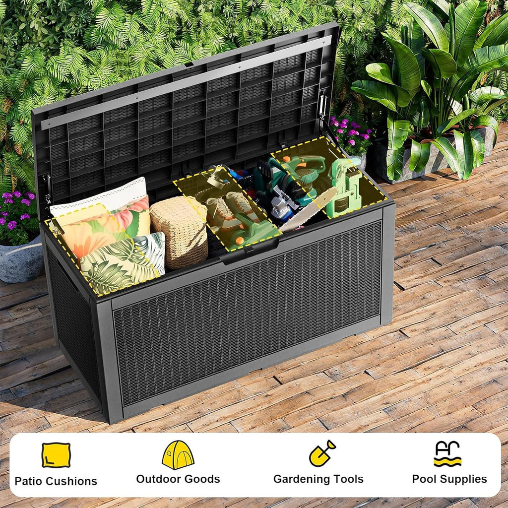 patiozen 120 gallon deck box outdoor, weatherproof resin showing dimensions