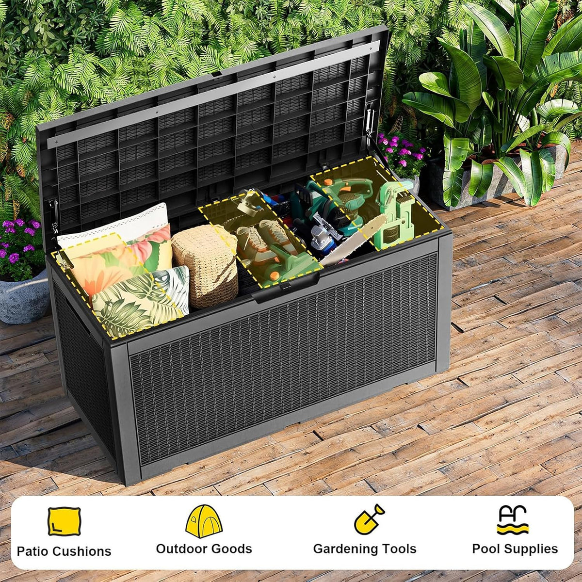 patiozen 120 gallon deck box outdoor, weatherproof resin showing dimensions