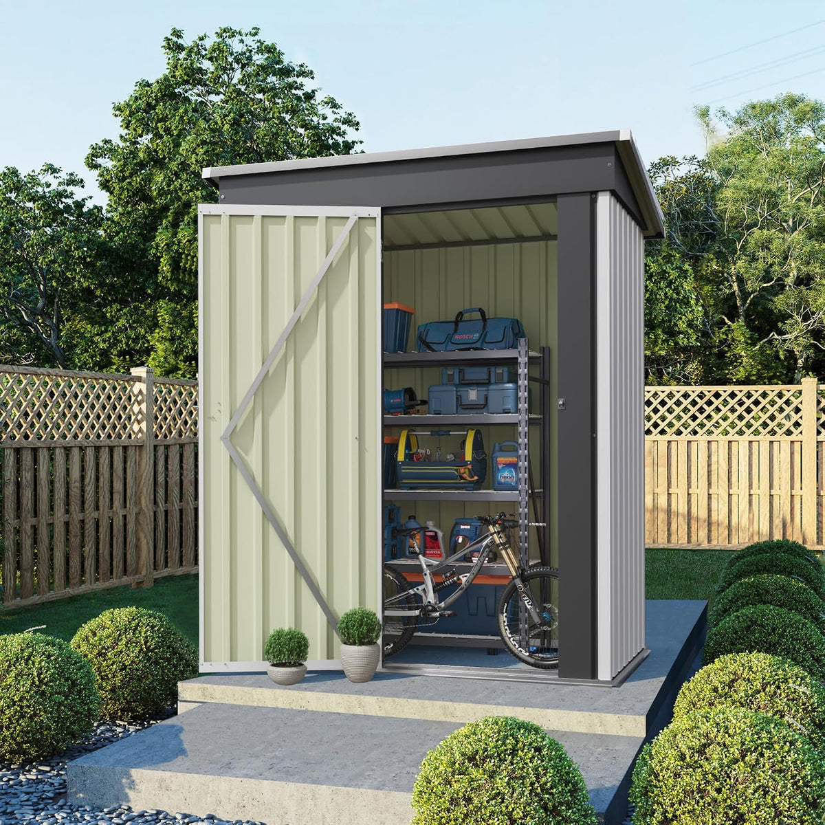flamaker 5x3 ft storage shed waterproof metal garden shown in use
