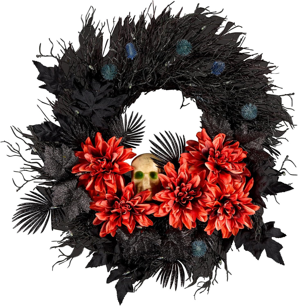 National Tree Company, 24inch Artificial Boo-Tiful Halloween Wreath with Orange Florals and White Skull, 30 Green LED Lights