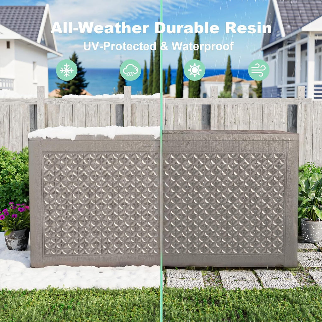 new 121 gallon outdoor storage box, resin deck showing dimensions