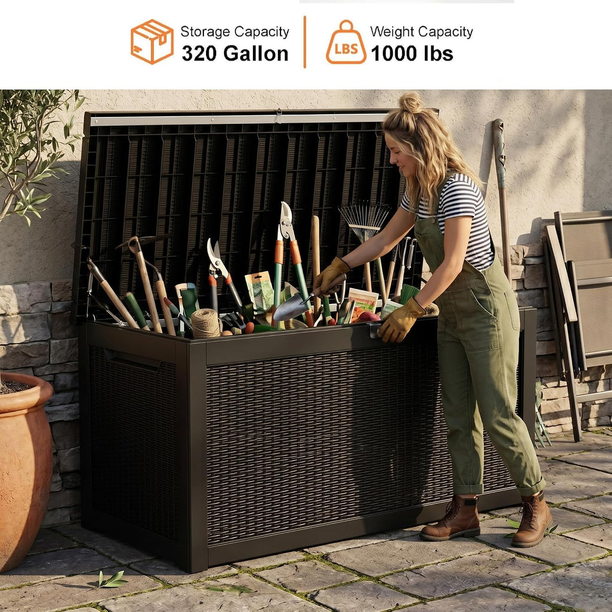 vixzen 320 gallon deck box, lockable waterproof resin shown in use
