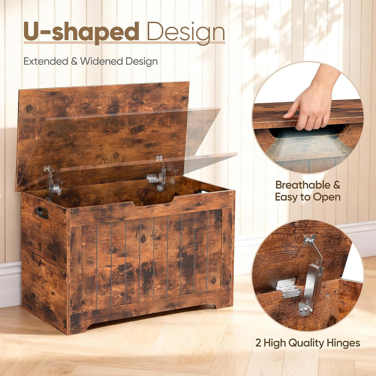 storage chest, wooden storage bench with flip-top lid shown in use