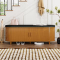 DHH 2-Tier Storage Bench,Wide Shoe Bench with Thickened Padded Seat Cushion, Mid Century Modern Fluted Sliding Door and Adjustable Shelf, for Entryway, Living Room, Bedroom (Yellow Walnut, 51.2”)