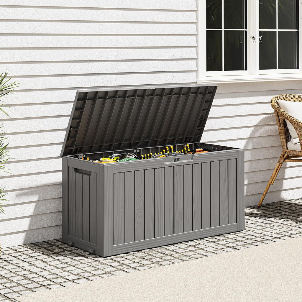 outdoor deck storage castored box,waterproof,grey,85 gallon showing dimensions