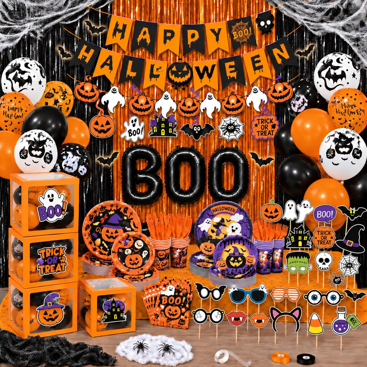 UJoyant 323PCS Halloween Party Decorations Set for 25 Guests, Orange Purple Tableware, 4 Balloon Boxes with 12 Custom-Designed Halloween Panels, Backdrop, Balloons and Photo Booth Props