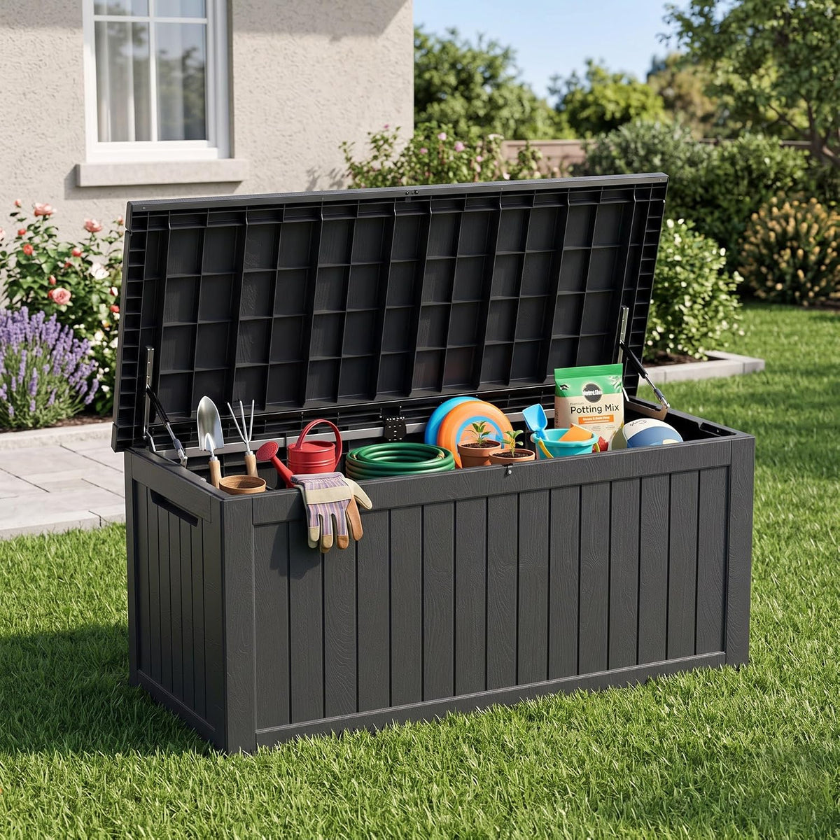 320 Gallon Outdoor Deck Box, Lockable Waterproof Outdoor Storage Boxes For Garden Tools,Indoor Cushions,Accessories Outside Storage Resin Weatherproof Container, Black