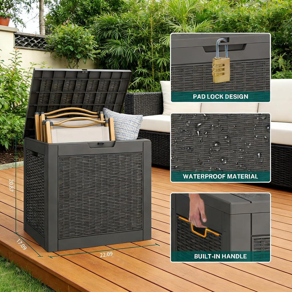 31 gallon outdoor storage box waterproof deck box shown in use