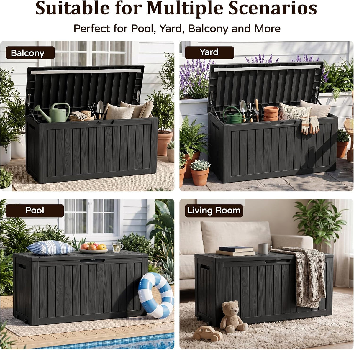 120gal outdoor storage box,weatherproof deck box with wheels,black on a desk or shelf