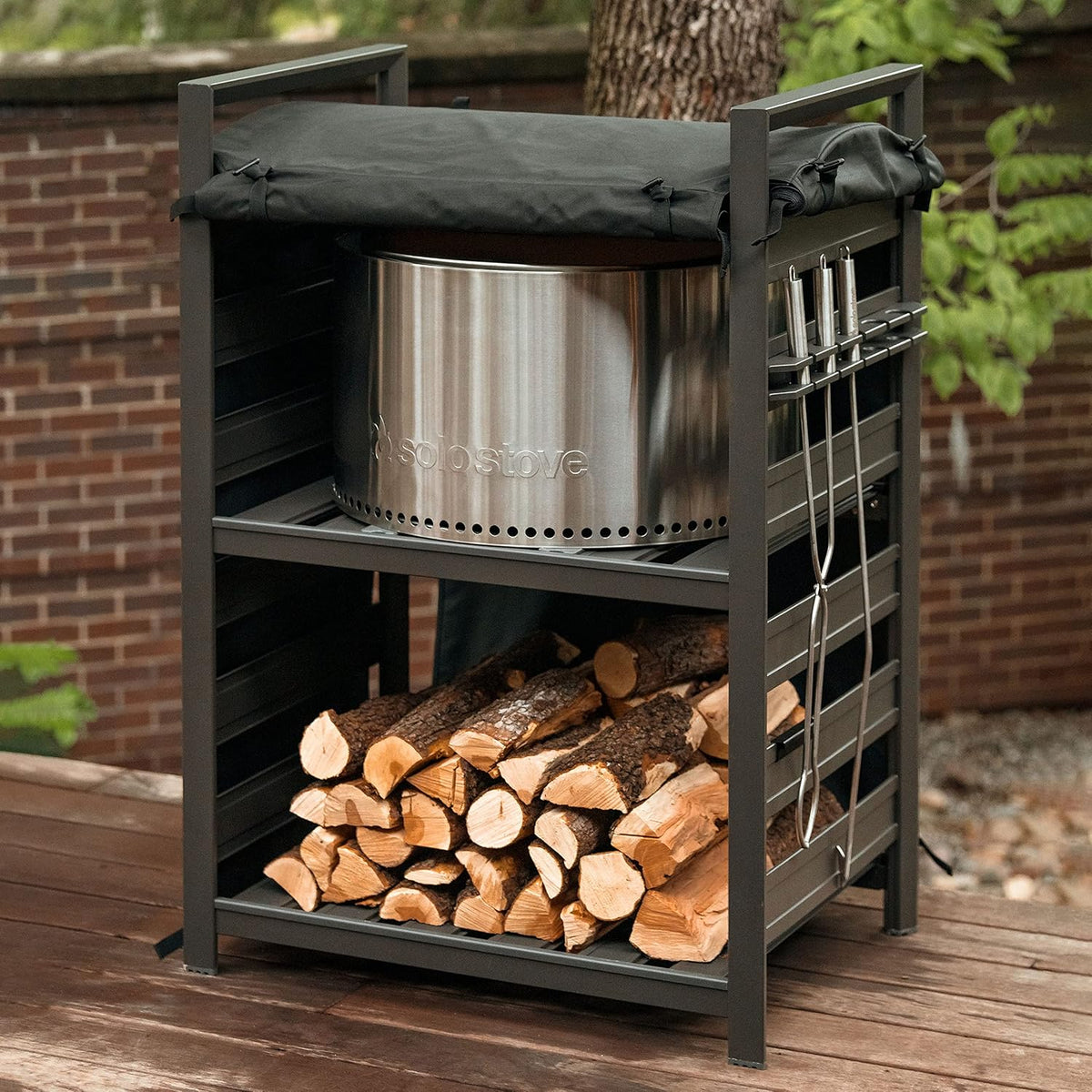solo stove station – 4.4ft black aluminum firewood showing dimensions