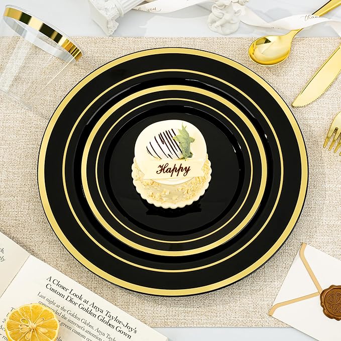 BESTVIP 600PCS Black Gold Dinnerware Set for 100 Guests, Plastic Plates for Halloween Party and Christmas, 100 Disposable Plates, 100 Dessert Plates, 100 Cups, 100 Spoons, 100 Forks and 100 Knives