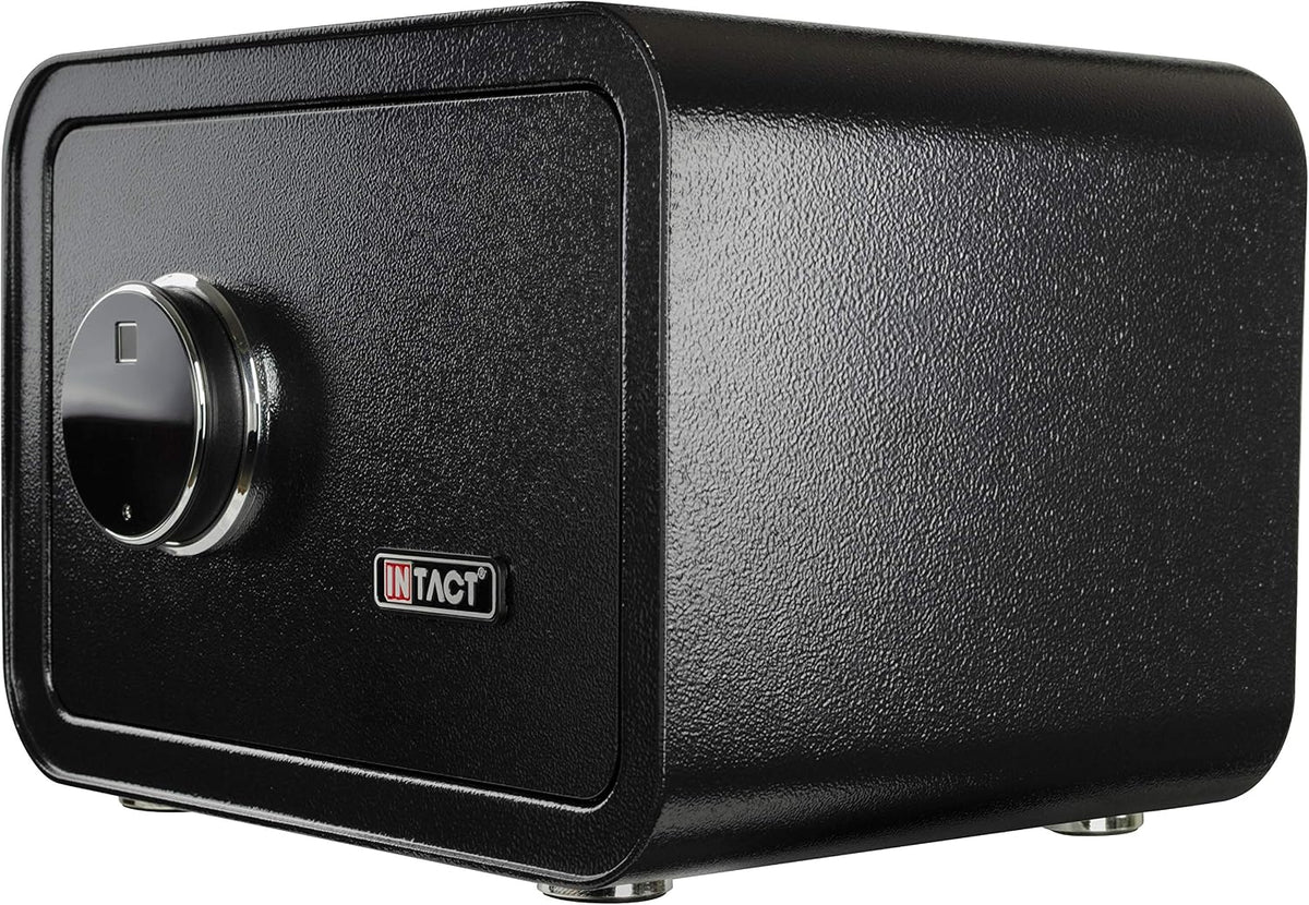 intact compact quick access biometric fingerprint gun safe on a desk or shelf