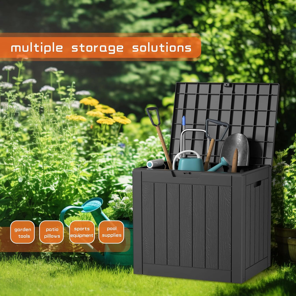 35 gallon outdoor storage box, large resin deck shown in use