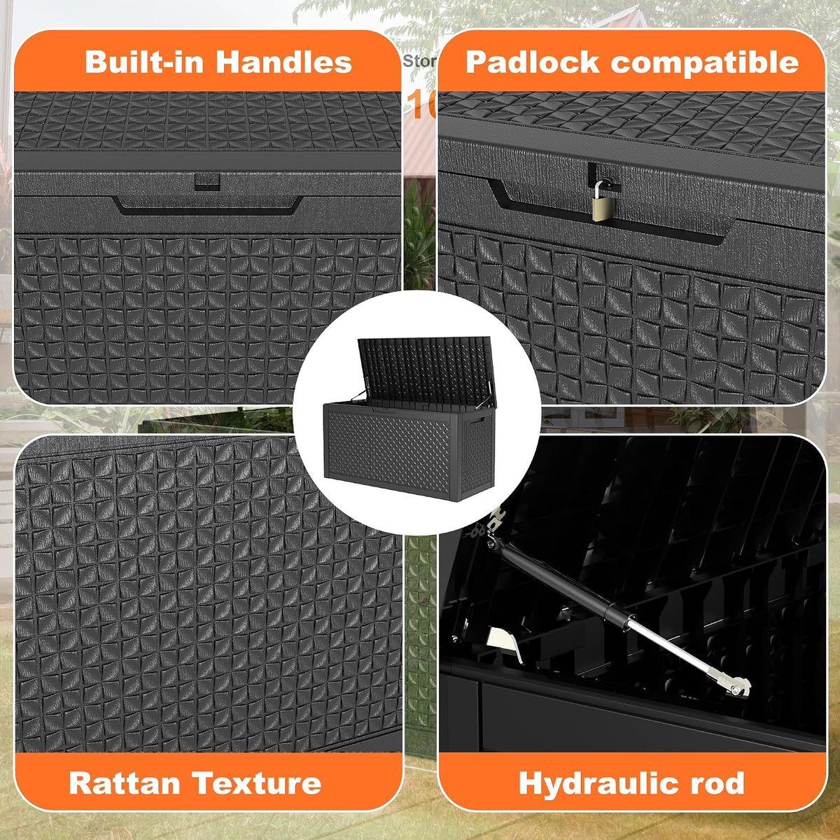 patiozen 110 gallon resin deck box, lockable patio, close-up detail