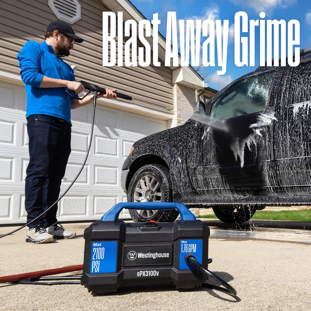 Westinghouse ePX3100v Electric Pressure Washer, 2100 Max PSI 1.76 Max GPM, Built-in Carry Handle, Detachable Foam Cannon, Pro-Style Steel Wand, 3-Nozzle Set, for Cars/Fences/Driveways/Home/Patios
