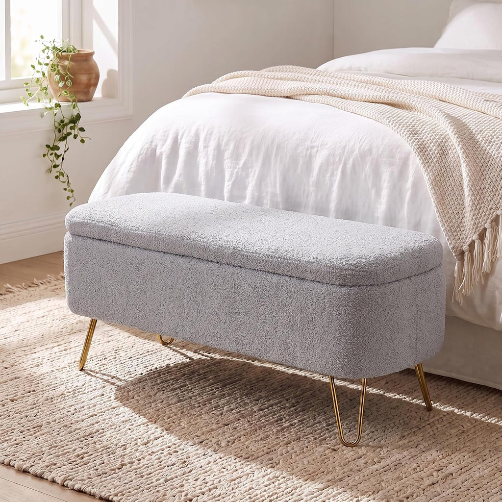 End of Bed Storage Bench for Bedroom, Small Boucle Storage Ottoman for Living Room Entryway, Teddy Fabric Upholstered Under Window Bench, Gold Legs, Grey