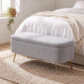 End of Bed Storage Bench for Bedroom, Small Boucle Storage Ottoman for Living Room Entryway, Teddy Fabric Upholstered Under Window Bench, Gold Legs, Grey
