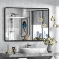 48x32 Black Bathroom Mirror for Wall, Matte Black Metal Framed Rectangle