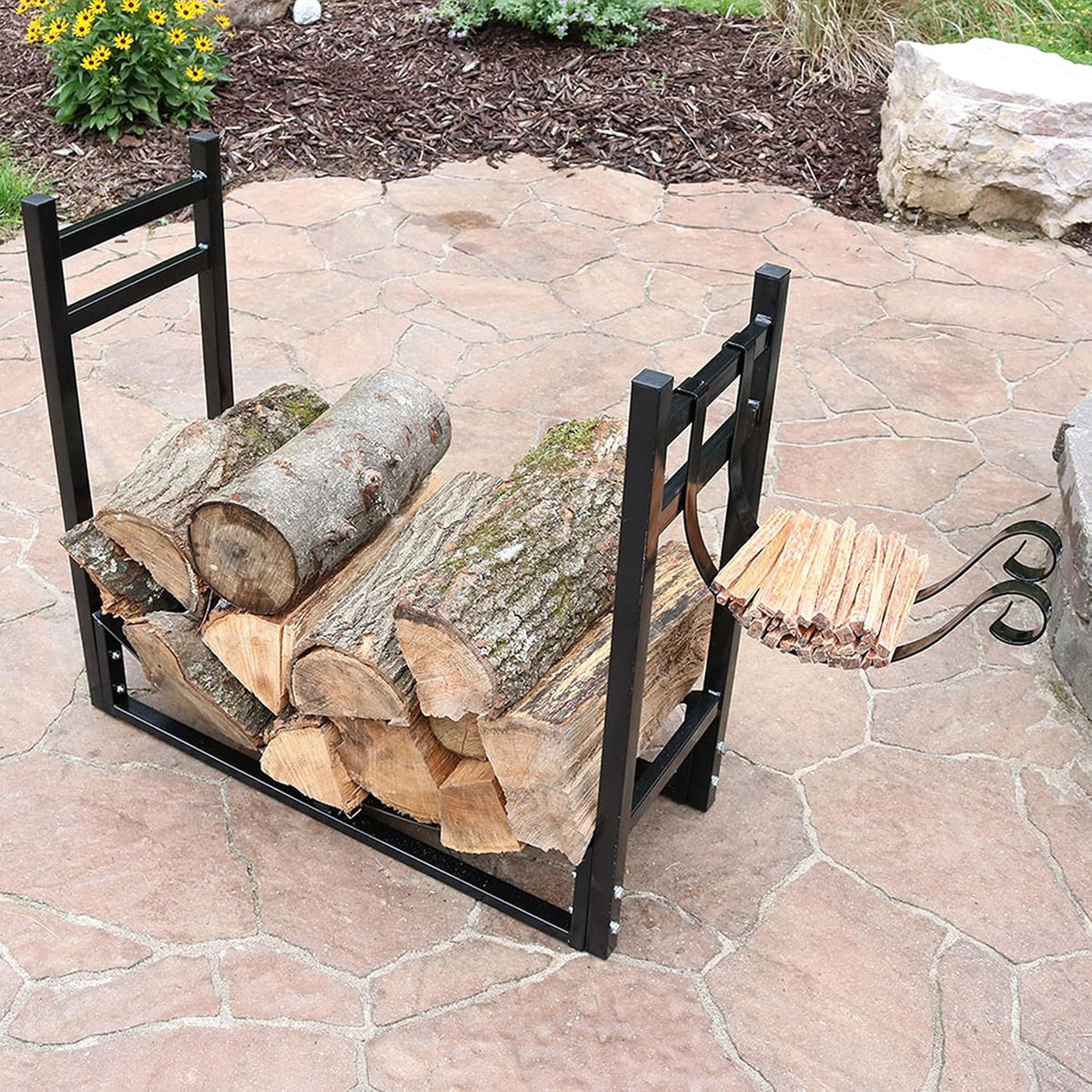 Sunnydaze 33" Indoor Firewood Rack with Kindling Log Holder - Heavy-Duty Outdoor Wood Storage for the Fire Pit or Fireplace - Black