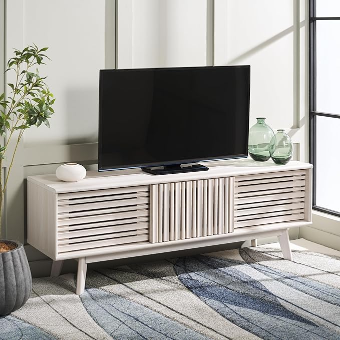 SAFAVIEH ESMA TV Stand for up to 65" Flatscreen – Bleached White, Sliding Doors