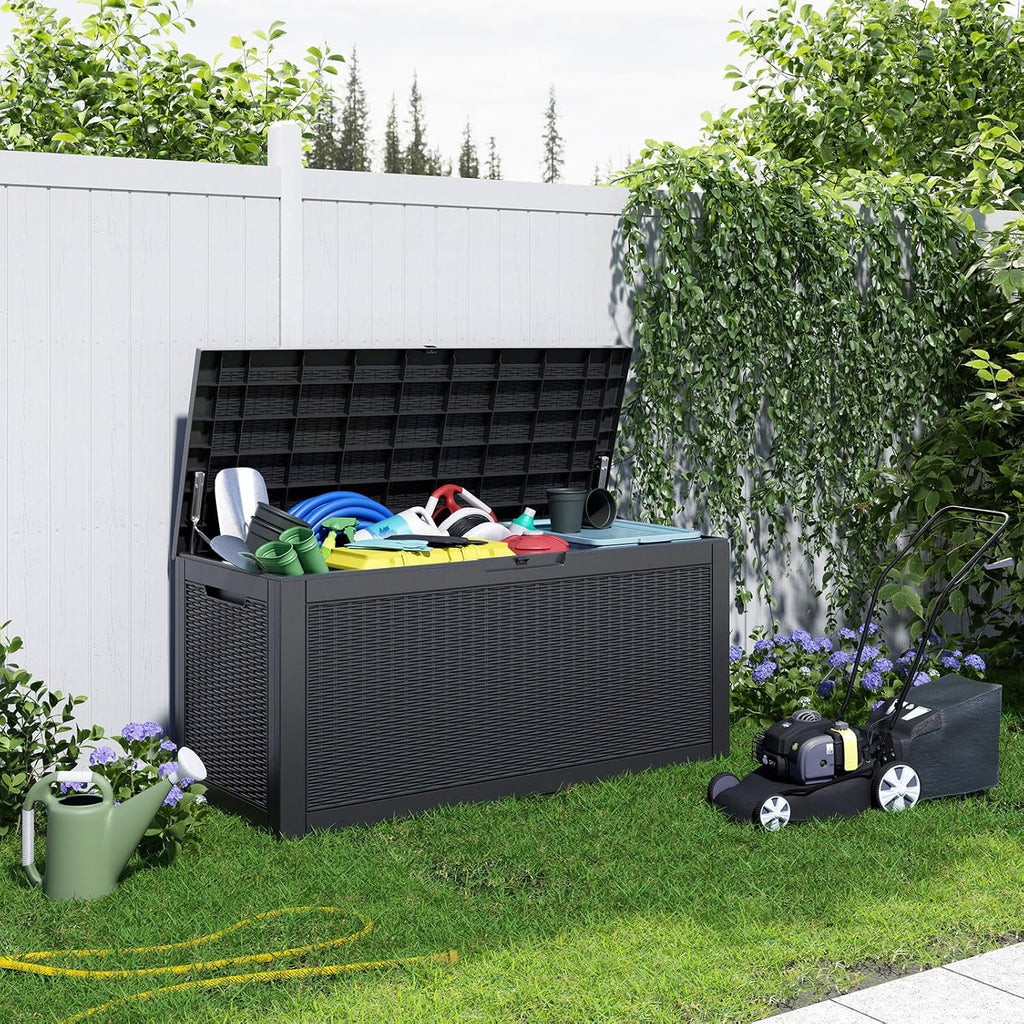 101 gallon resin deck box, outdoor storage box shown in use