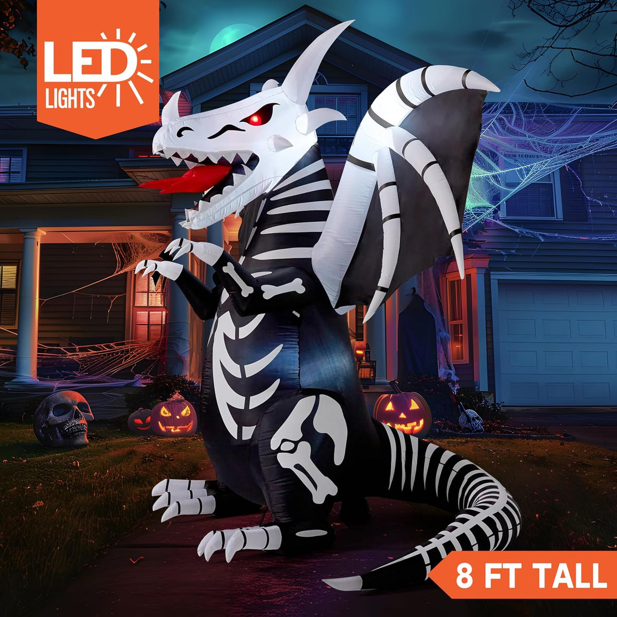 Joiedomi 8 FT Tall Halloween Inflatables Outdoor Skeleton Dragon Decoration, Blow Up Yard Decoration Inflatable Skeleton Dragon, Scary Halloween Decorations with Red LED Eyes for Lawn Garden Decor