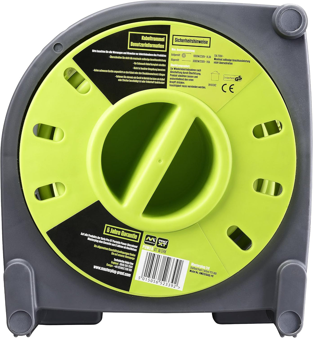 Masterplug Pro-XT Cable Reel 15 m, Extension 4 Schuko Eschufes, Electric Extension 3000 W Grey/Green