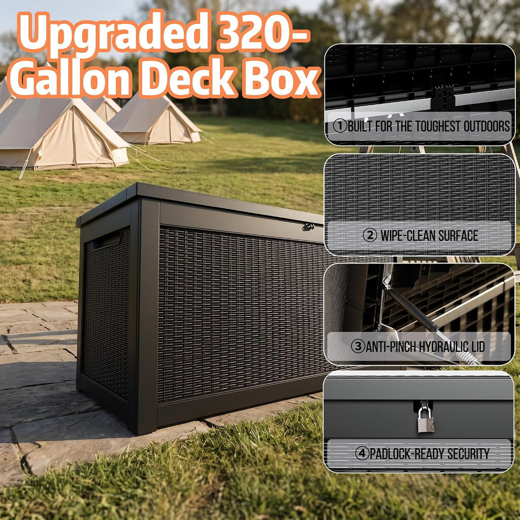 vixzen 320 gallon deck box, lockable waterproof resin, close-up detail
