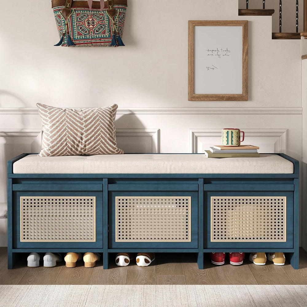 LUMISOL 48" Entryway Shoe Bench, Retro Storage Bench with Rattan Drawers...