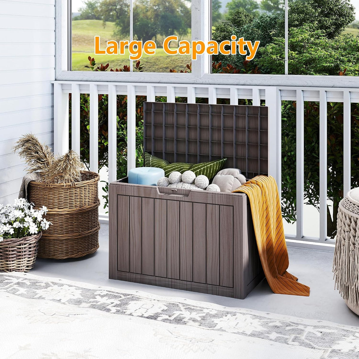 outdoor storage box, 50 gallon waterproof deck box shown in use