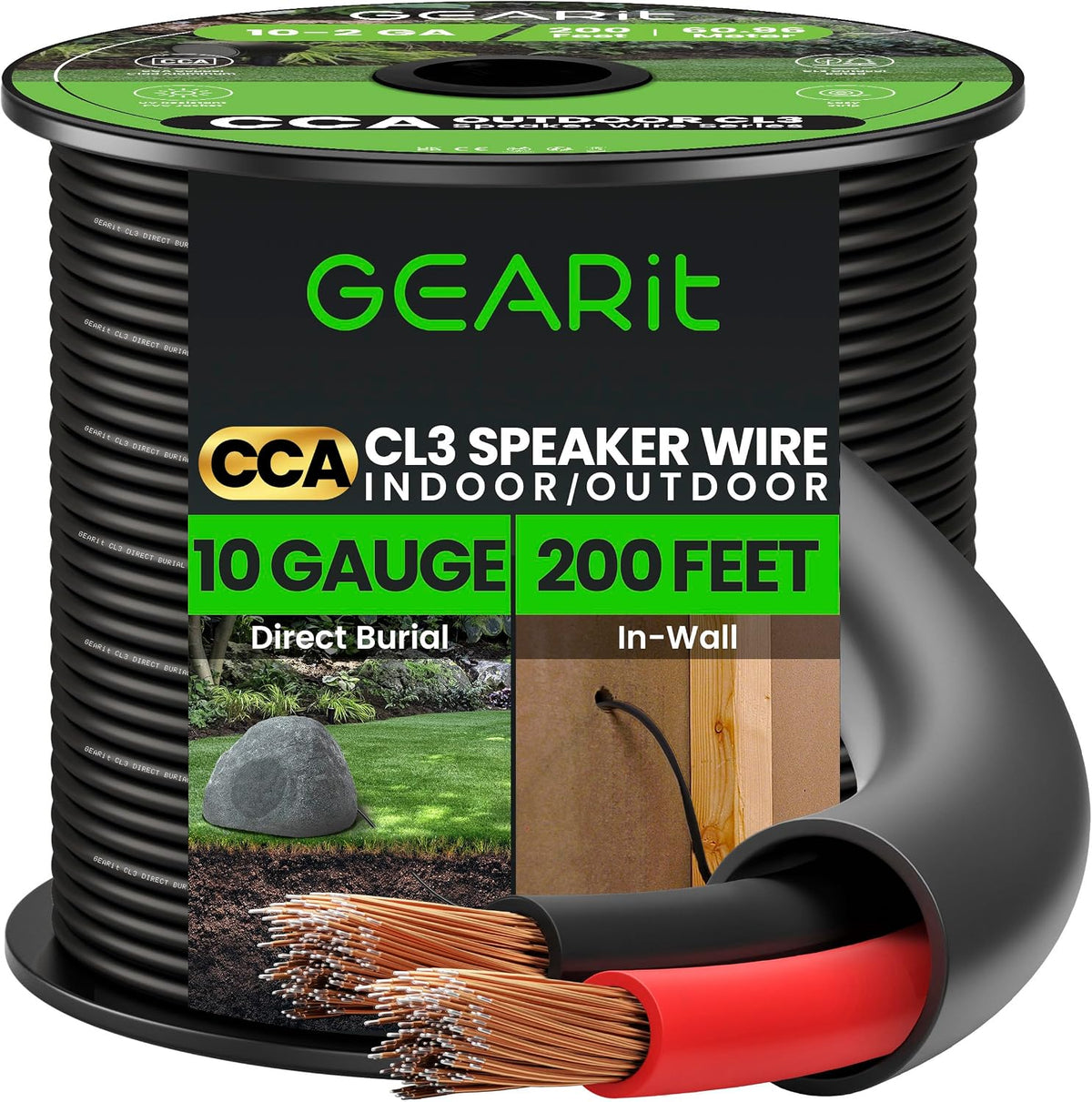 GEARit Outdoor Speaker Wire CL3 Rated, 10 Gauge Speaker Wire, Speaker Cable 200