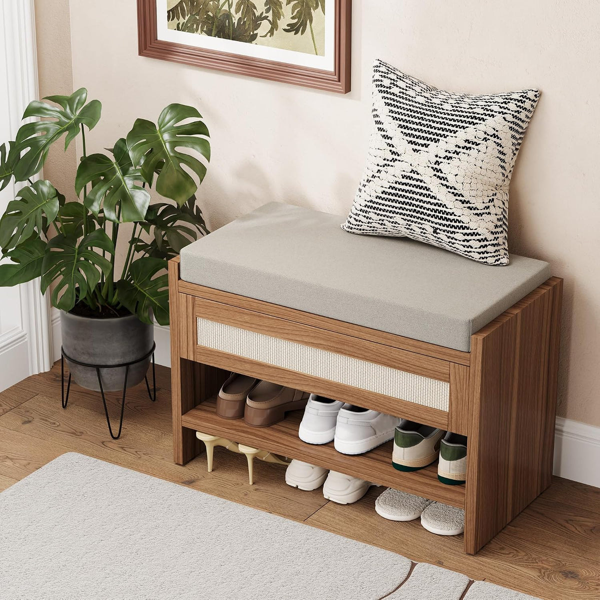 Garvee 31" L Farmhouse Shoe Bench with Storage Drawer & Linen Cushion
