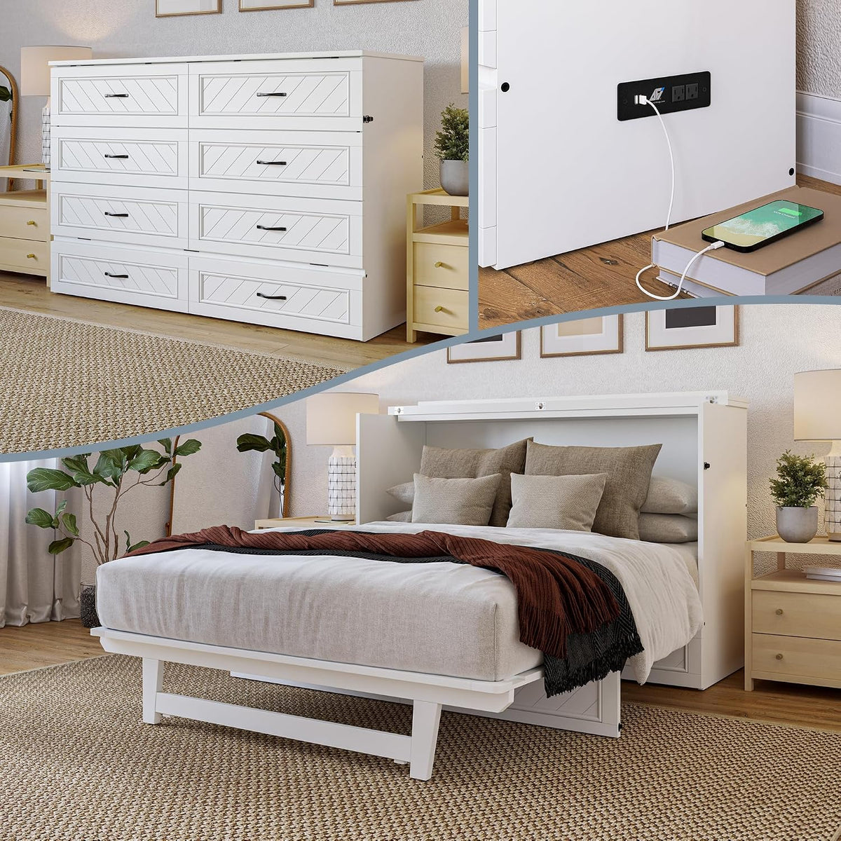 AFI, Alpine Queen Wood Murphy Bed Chest with 6" Mattress, Storage Drawer & Built-in USB Charger, White