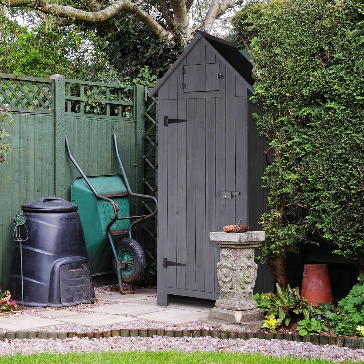 outvita outdoor storage shed, 70 inch, grey on a desk or shelf