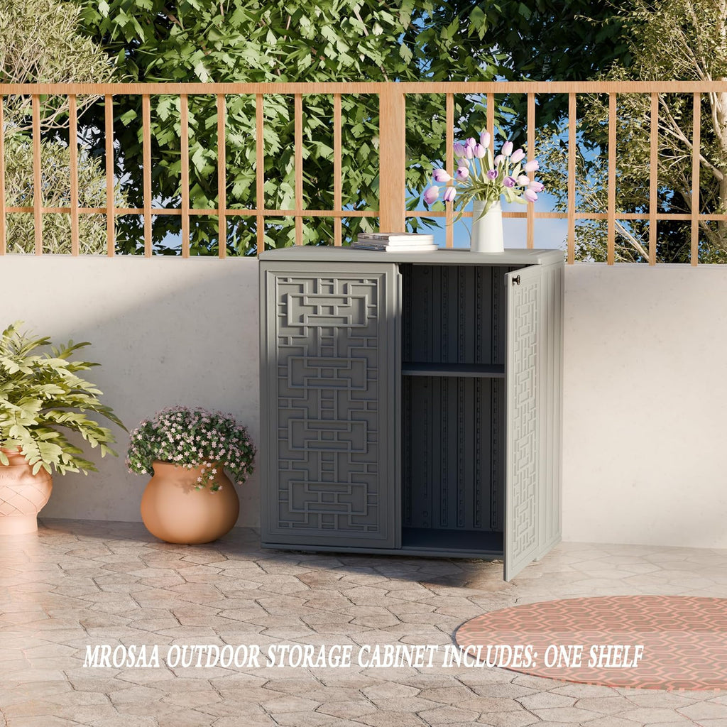 mrosaa indoor outdoor storage cabinet waterproof with shelf,plastic showing dimensions