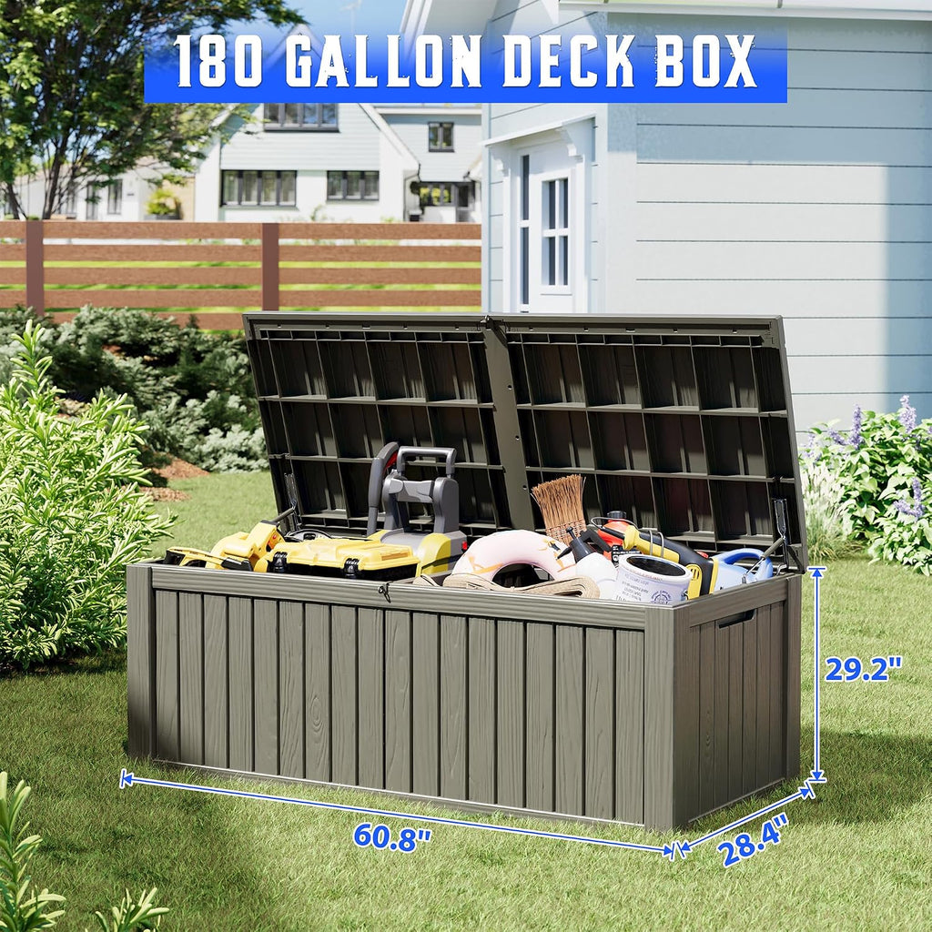 resin outdoor deck storage box waterproof (grey, 220 shown in use