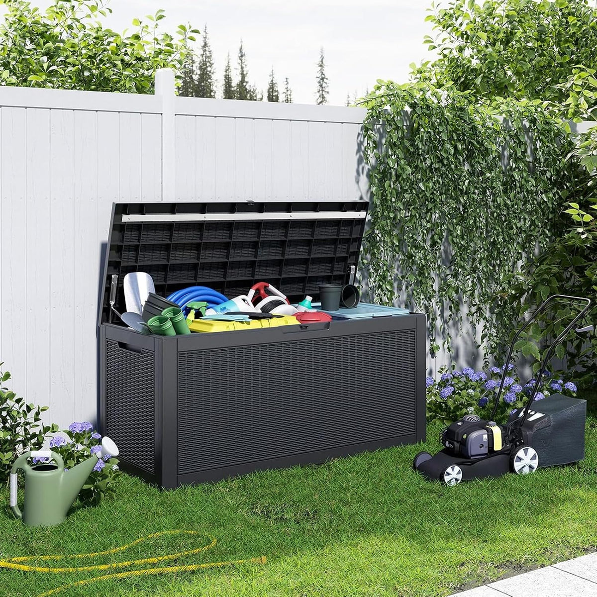 120 gallon outdoor storage box waterproof, resin lockable, close-up detail