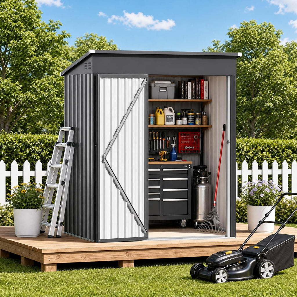 5 x 3 FT Outdoor Storage Shed, Waterproof Metal Garden Tool Shed with Sloped Roof, Lockable Door & Air Vents for Backyard Patio Lawn, Dark Gray