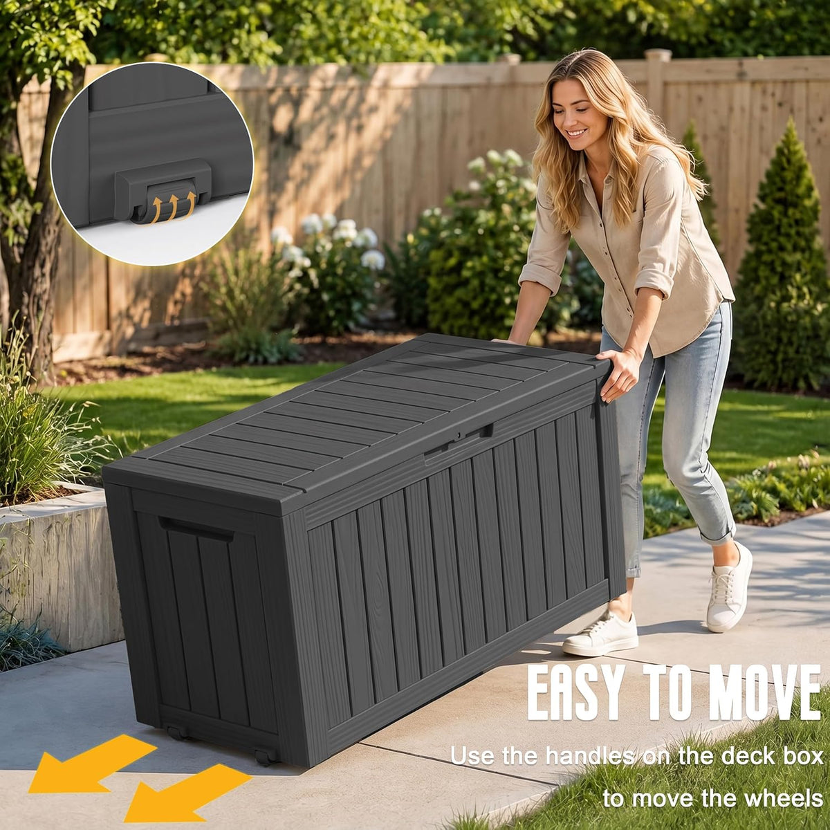 drato 100 gallon waterproof deck box outdoor storage, close-up detail