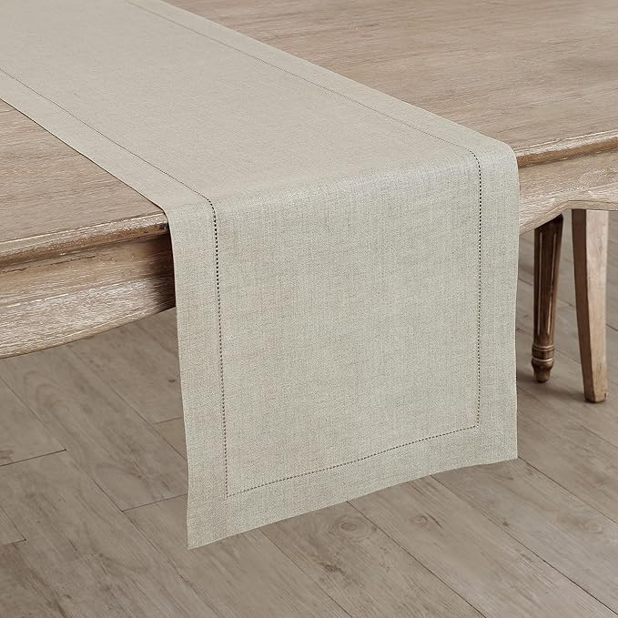 Solino Home Linen Natural Table Runner 60 Inches - Classic Hemstitch, 100% Pure Linen Coffee Table Runner 14 x 60 Inch Ideal for Dresser Tables - Fall, Autumn, Halloween, Thanksgiving, Christmas