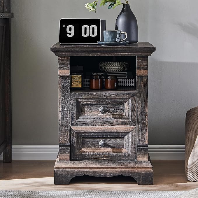 Farmhouse Nightstand with Charging Station, Wooden Sofa Side Table w/Roman