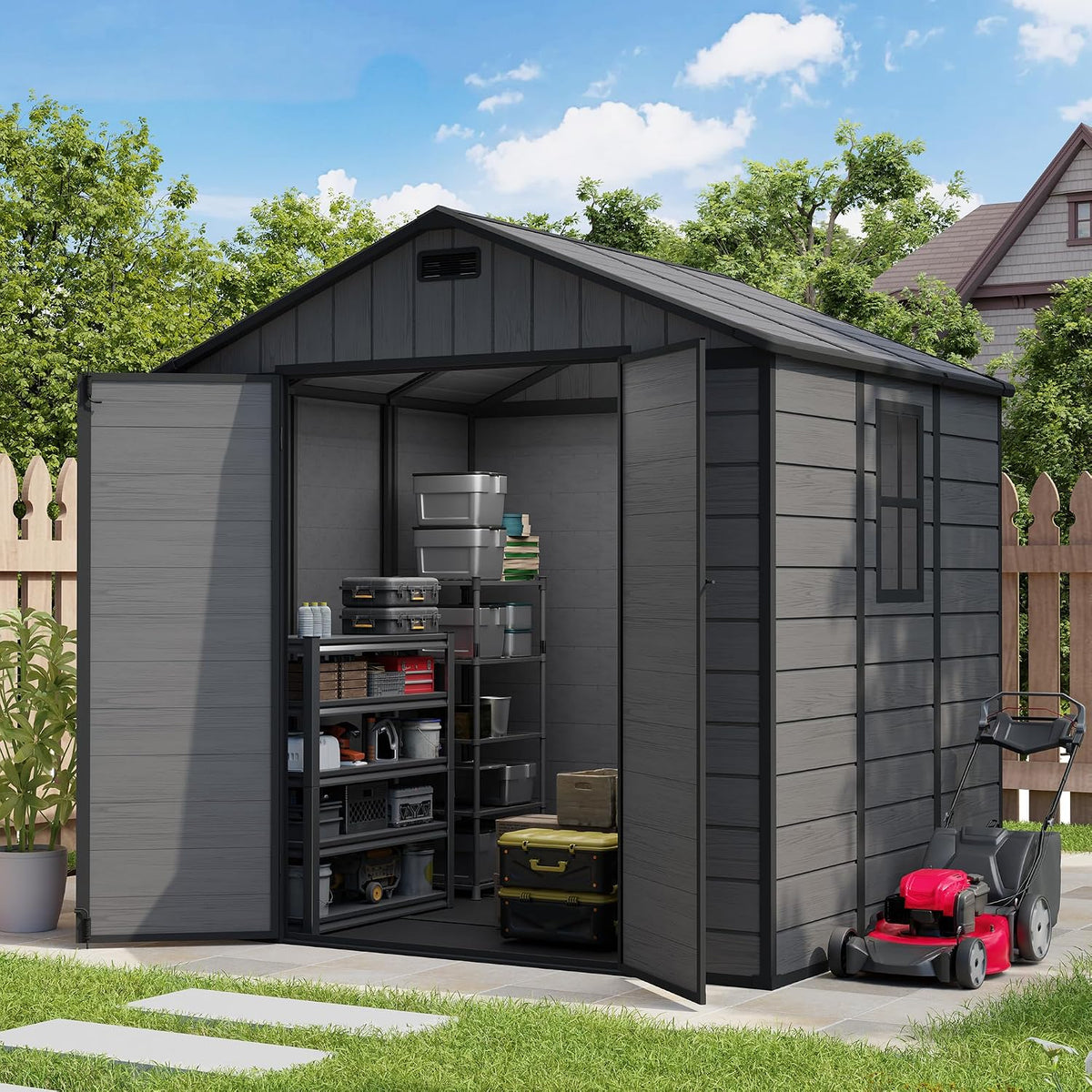 Amopatio 8x6 FT Resin Shed, Outdoor Storage Shed with Floor Included, Plastic Sheds Outdoor Storage for Garden Tools, Bike, Sheds & Outdoor Storage with Lockable Door, Window & Vents, Dark Grey