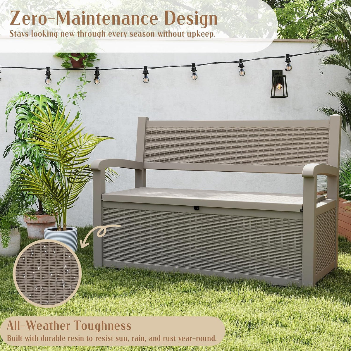 easyup 80 gallon outdoor storage bench lockable deck showing dimensions