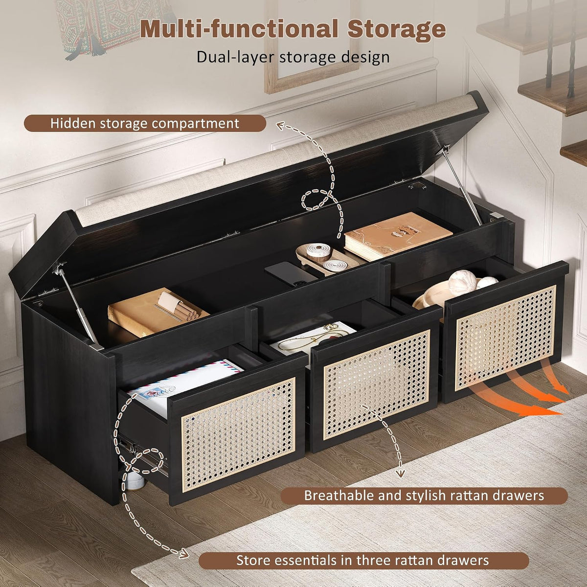 lumisol 48" entryway shoe bench, retro storage bench showing dimensions