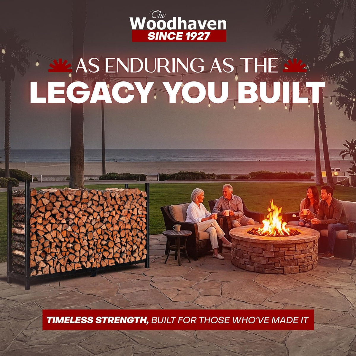 woodhaven 8-foot raised firewood rack black w/o cover shown in use