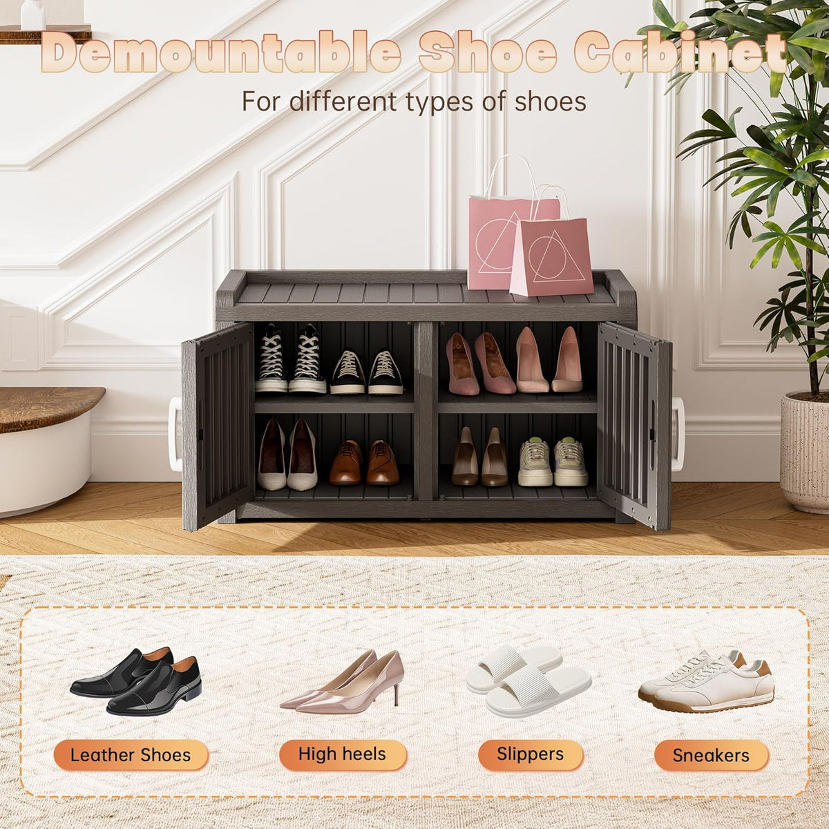 2-tier storage bench, waterproof uv-resistant outdoor shoe storage, side view