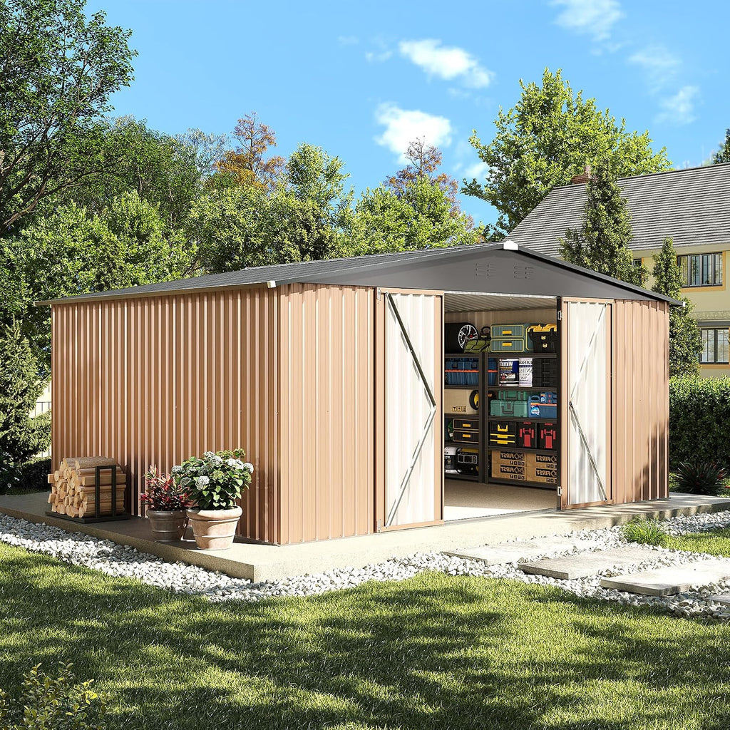 14x12FT Outdoor Storage Shed, Tool Shed with Sloping Roof and Lockable Door, Galvanized Metal Shed for Backyard Garden Patio Lawn, Brown