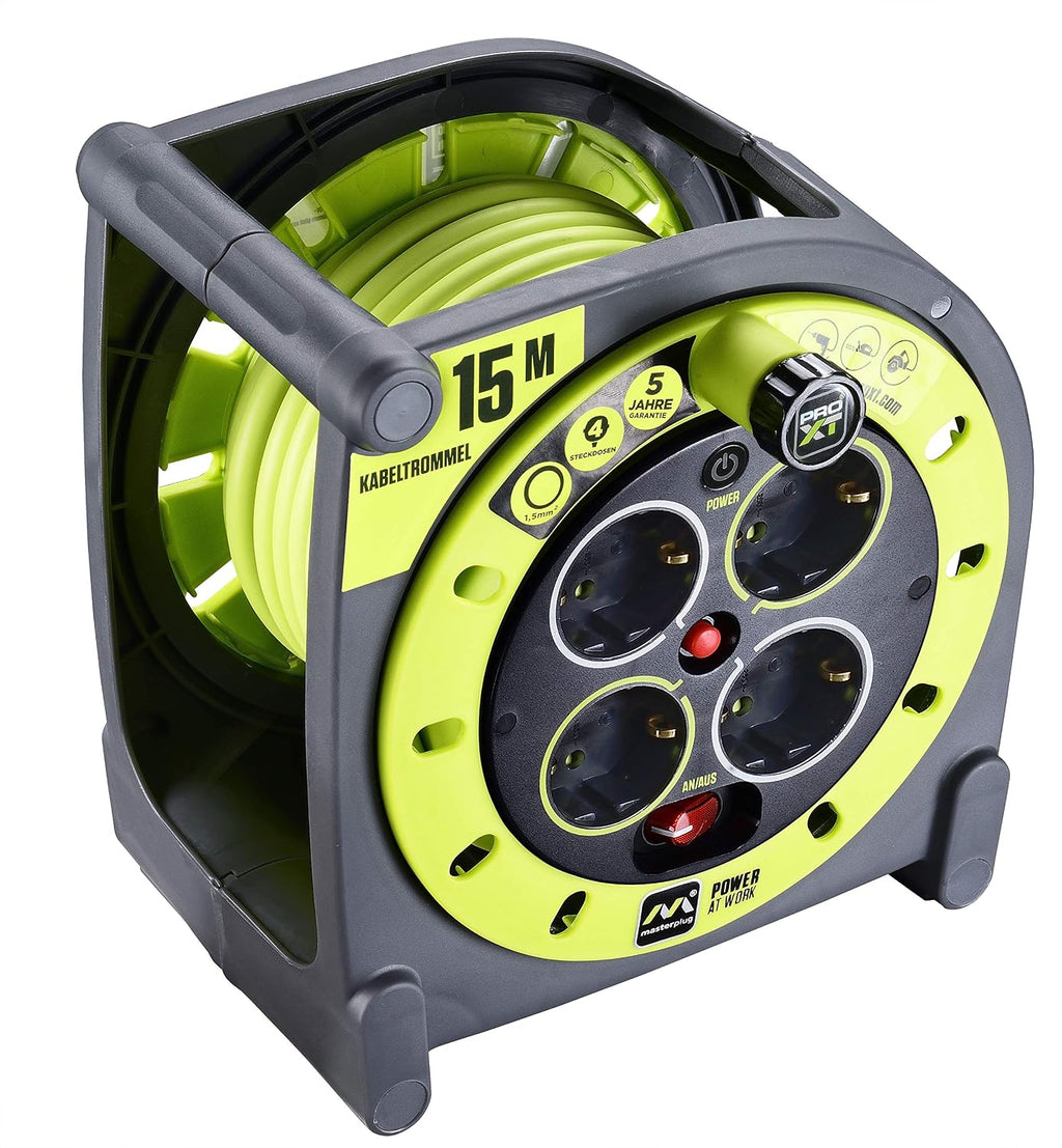 Masterplug Pro-XT Cable Reel 15 m, Extension 4 Schuko Eschufes, Electric Extension 3000 W Grey/Green