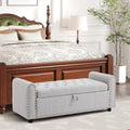 Ottoman with Storage, Tufted Storage Bench for Bedroom, 48" Fabrics End of Bed Bench, Upholstered Entryway Shoe Benches with Rolled Arm & Inner Zipper, Window Ottomans Chest with Rivets, Light Grey