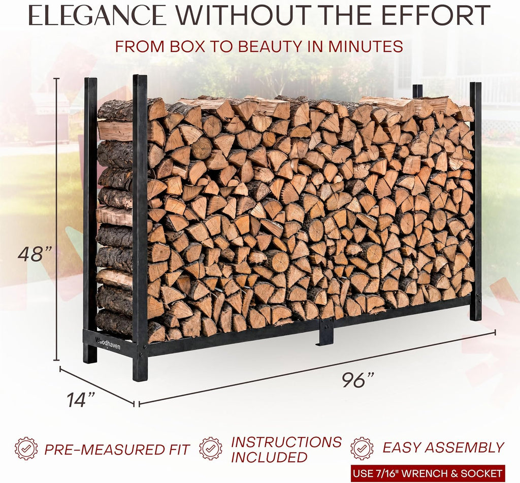 woodhaven 8-foot raised firewood rack black w/o cover, side view